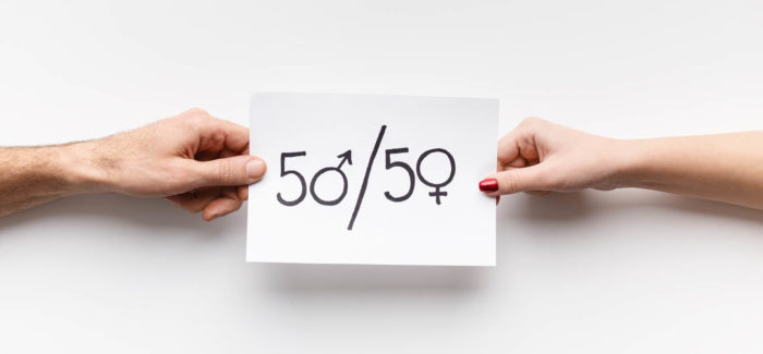 Gender parity. Man and woman holding paper with text 50/50, zeros as female and male symbols, copy space La loi visant à accélérer l’égalité économique et professionnelle est définitivement publiée