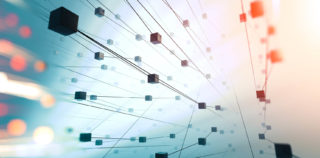 Cubes connected in dark space. Partner and networking design. Internet and data communication. Projet de loi de finances pour 2022