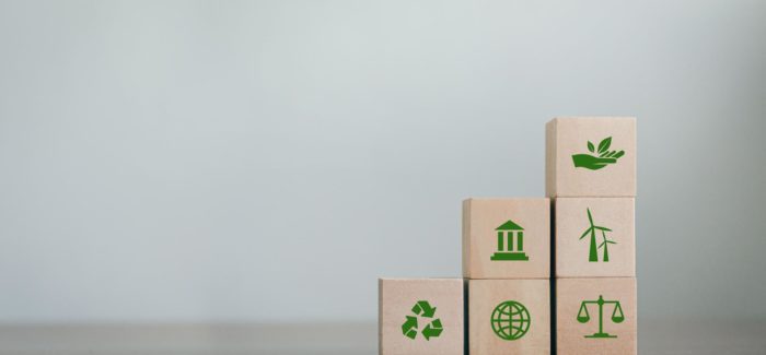 ESG Concepts on Environment, Society and Governance Revolving Sustainable Organization Development Wooden block with environmental ESG icon on gray background. copy space Devoir de vigilance : de premières décisions de cour d’appel précisent les conditions de recevabilité de l’action