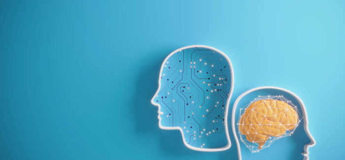 Artificial Intelligence against The Human Brain on blue background. ( 3d render ) ChatGPT : utilisations et risques en entreprise