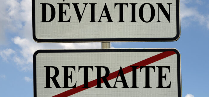 French concept of pension reform in France with a crossed out pension sign and a deviation sign PLFSS pour 2026 : une lettre rectificative pour suspendre la réforme des retraites